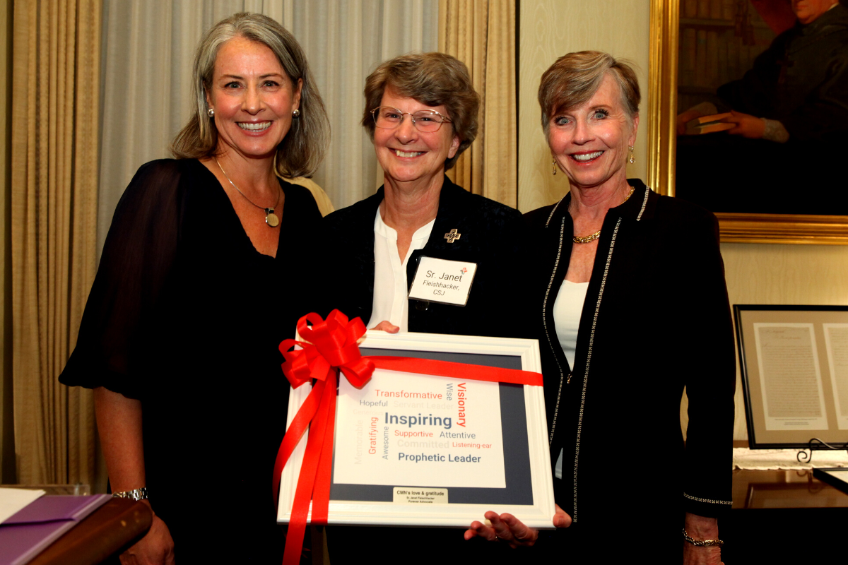 Sr. Janet Fleischhacker receives award from CMN director Krisanne Vaillancourt Murphy and former CMN director Karen Clifton
