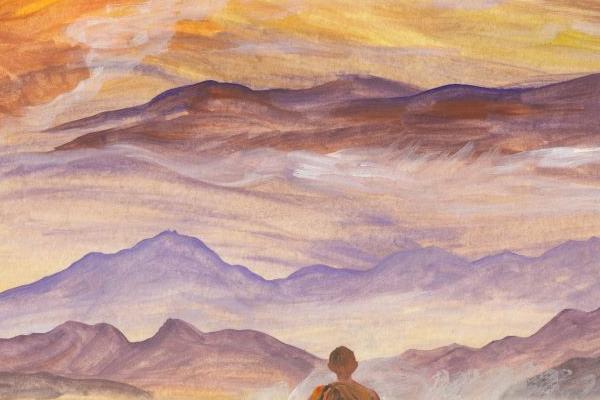 painting shows an vague shape of a person in the foreground looking out over a colorful mountains in the background