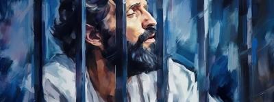 artistic drawing of a man praying behind prison bars