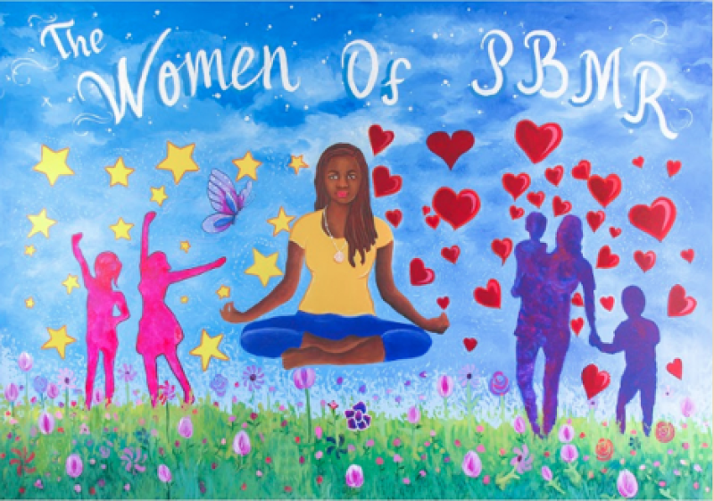 "The Women of PBMR" Woman in lotus position above field of flowers. With other figures of people and hearts.