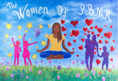 "The Women of PBMR" Woman in lotus position above field of flowers. With other figures of people and hearts.